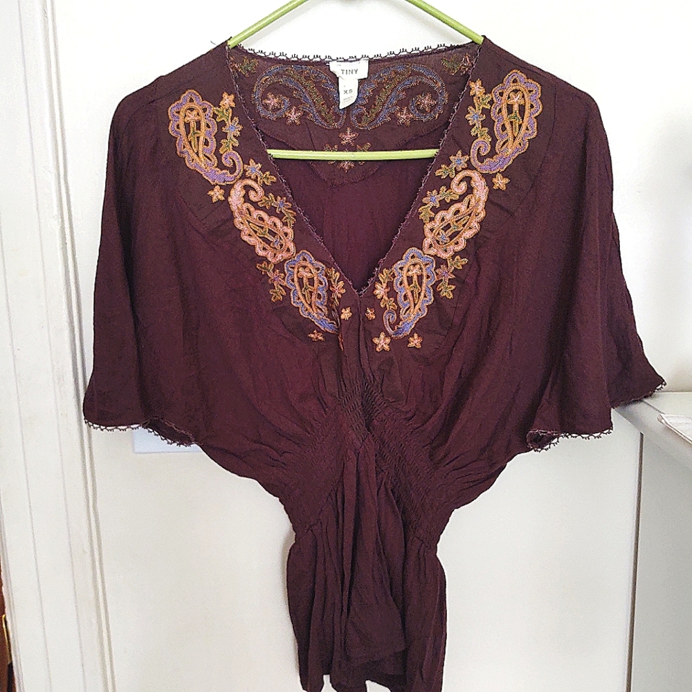 Tiny Brand Embroidered V-Neck Brown Top